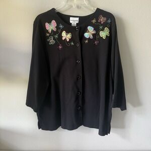 Vintage Women's Y2K 90s Blue‎ Embroidered Butterfly Rhinestone Cardigan Large